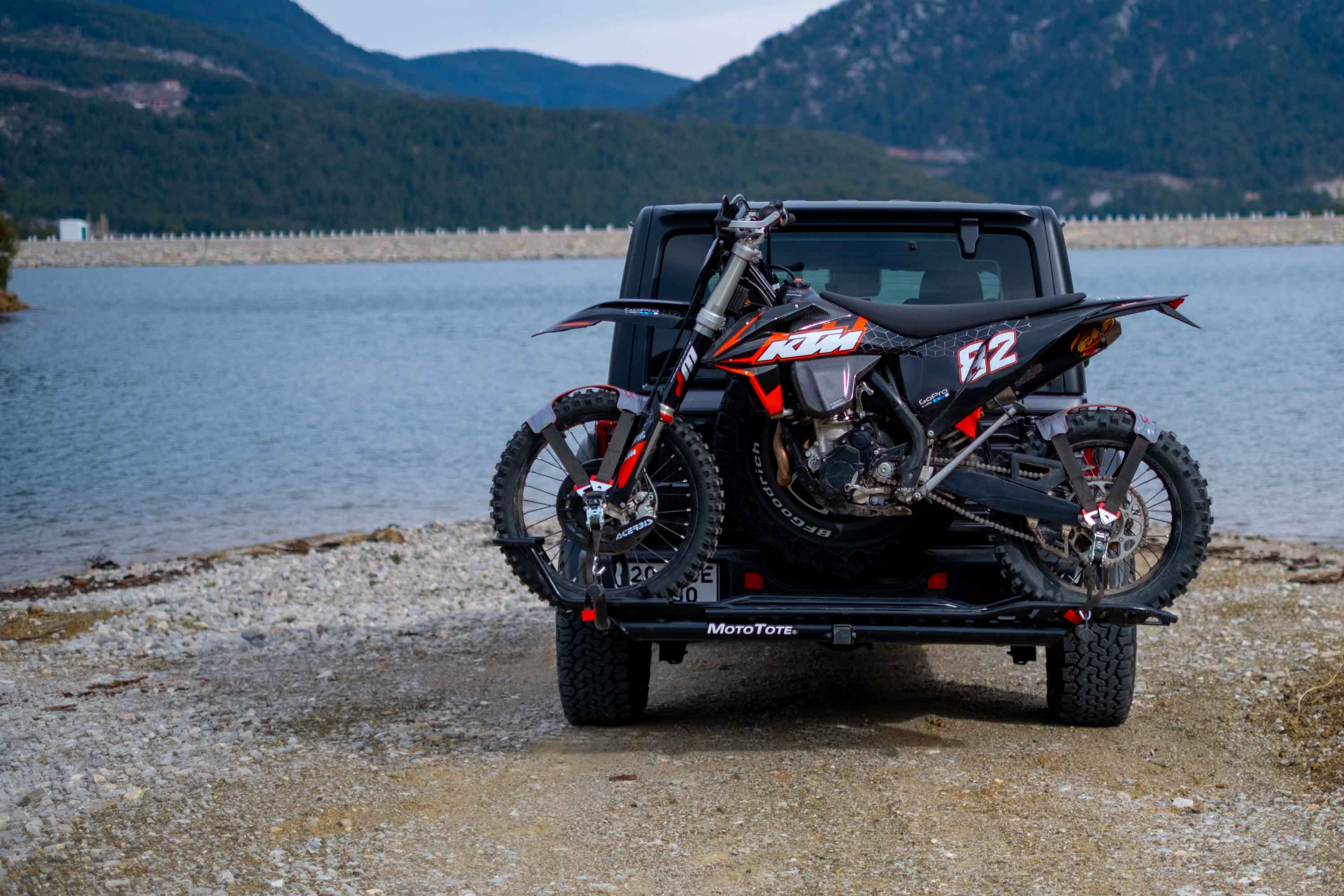 KTM Dual Sport on Motorcycle Hitch Carrier with Deluxe Tie Down System