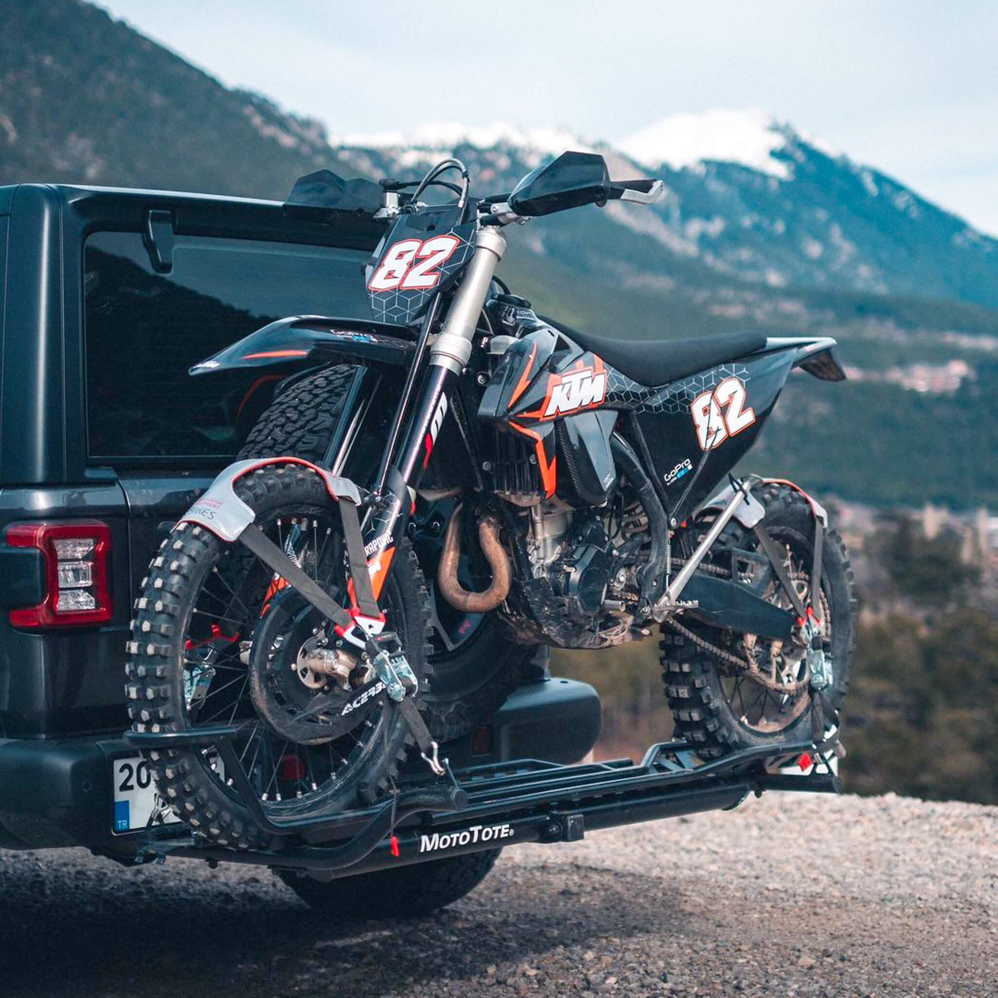 No Fenders Deluxe Motorcycle Tie Down Bundle on a Dual Sport Motorcycle