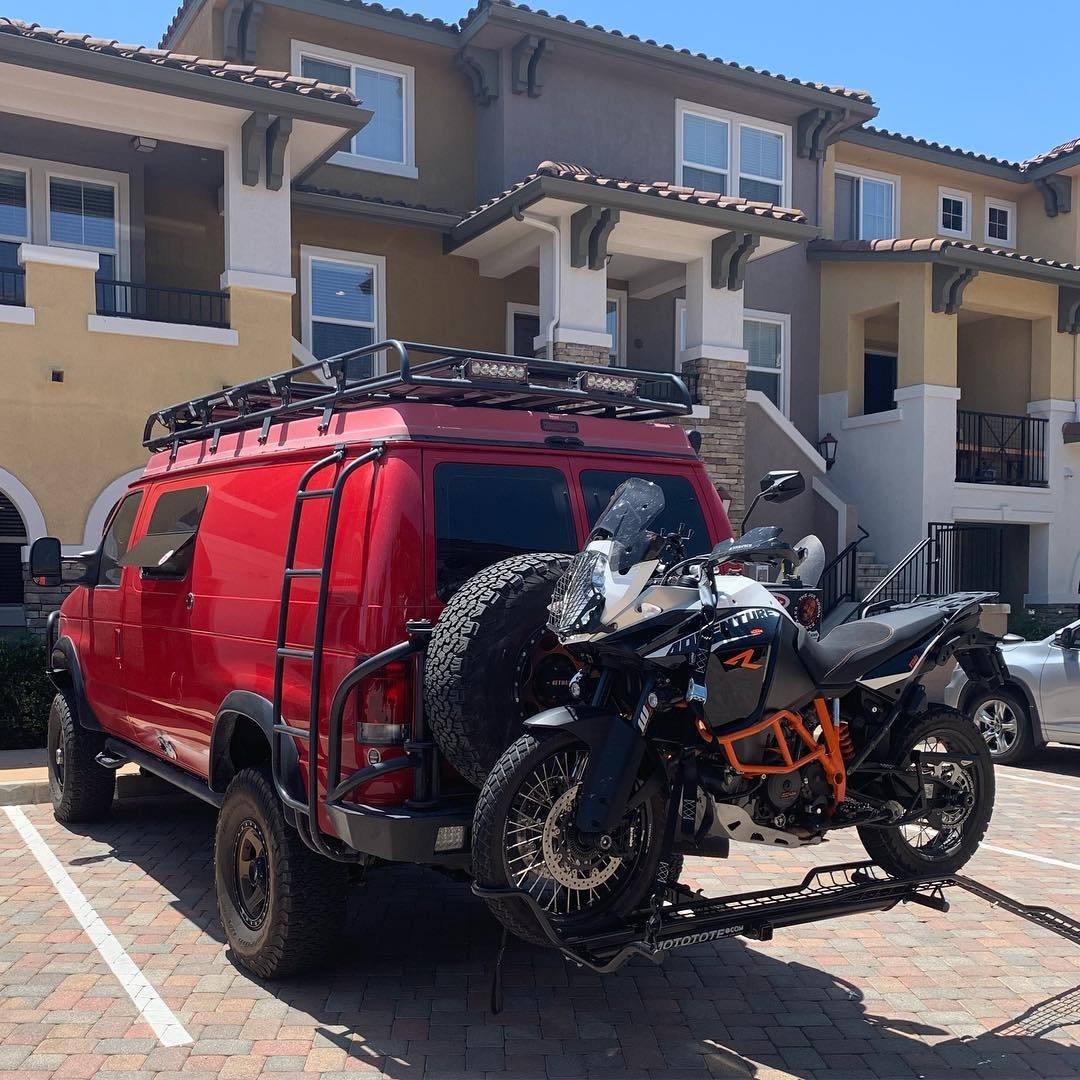 KTM 1190r Motorcycle Hitch Carrier on a Sportsmobile Van