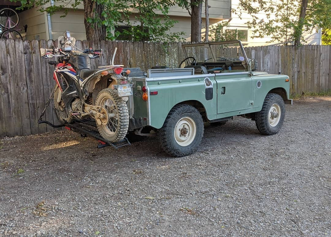 Honda CRF Rally Motorcycle Hauler on a Vintage Land Rover Series 2A