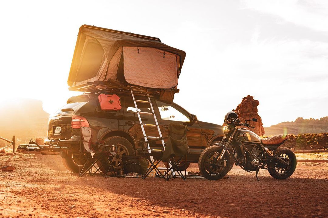 Porsche Cayenne with a Ducati Scrambler on a Motorcycle Hitch Carrier