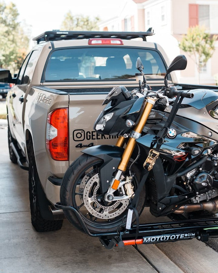 BMW S100R Motorcycle. Hitch Carrier on a Toyota Tundra